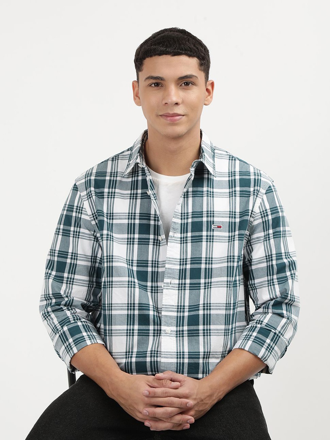 

Tommy Hilfiger Men Tartan Checked Spread Collar Casual Shirt, Green