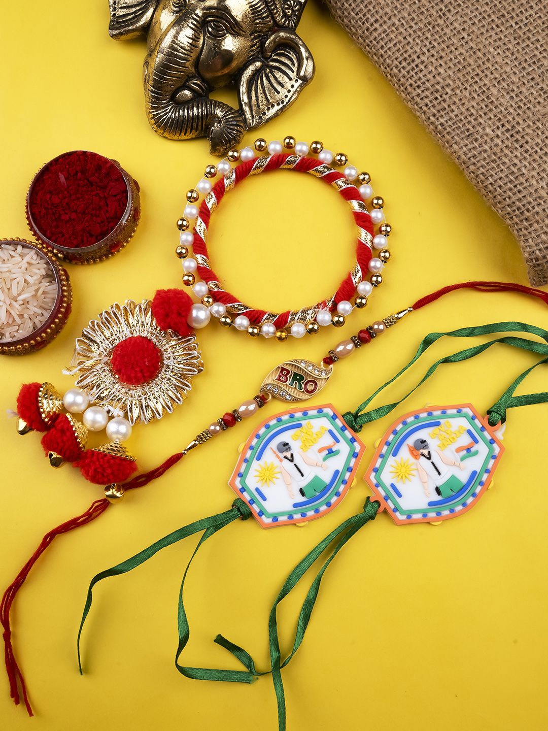 

StileAdda Set Of 3 Stones Studded & Beaded Designer Rakhis, Gold