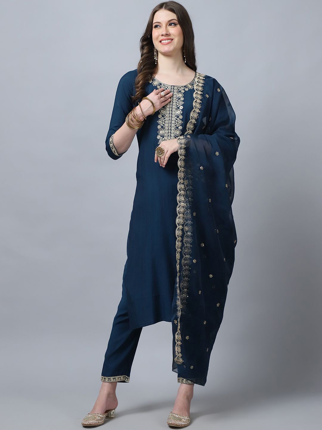 

KALINI Ethnic Motifs Embroidered Pure Silk Straight Kurta With Trousers & Dupatta, Navy blue