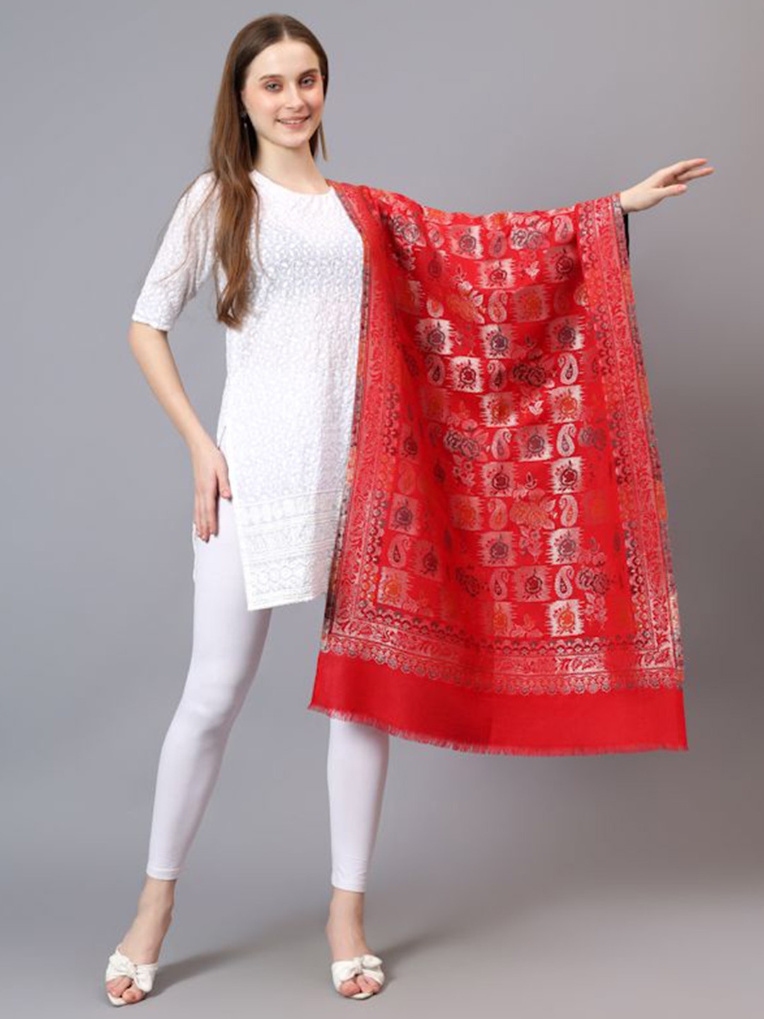 

Mizash Ethnic Motifs Woven Design Woollen Shawl, Red