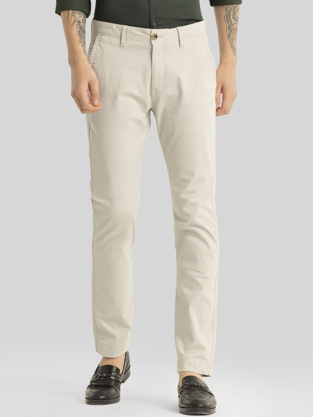 

Snitch Men Smart Slim Fit Formal Trousers, Cream