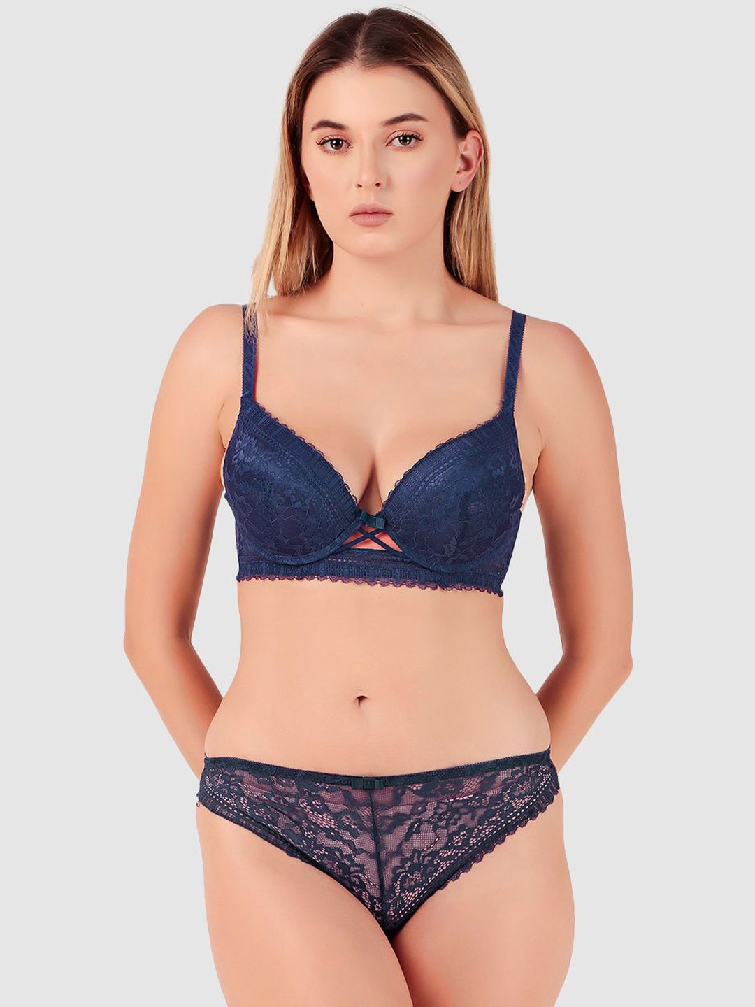

Secret Lives Women Lace Self Design Heavily Padded Lingerie, Blue
