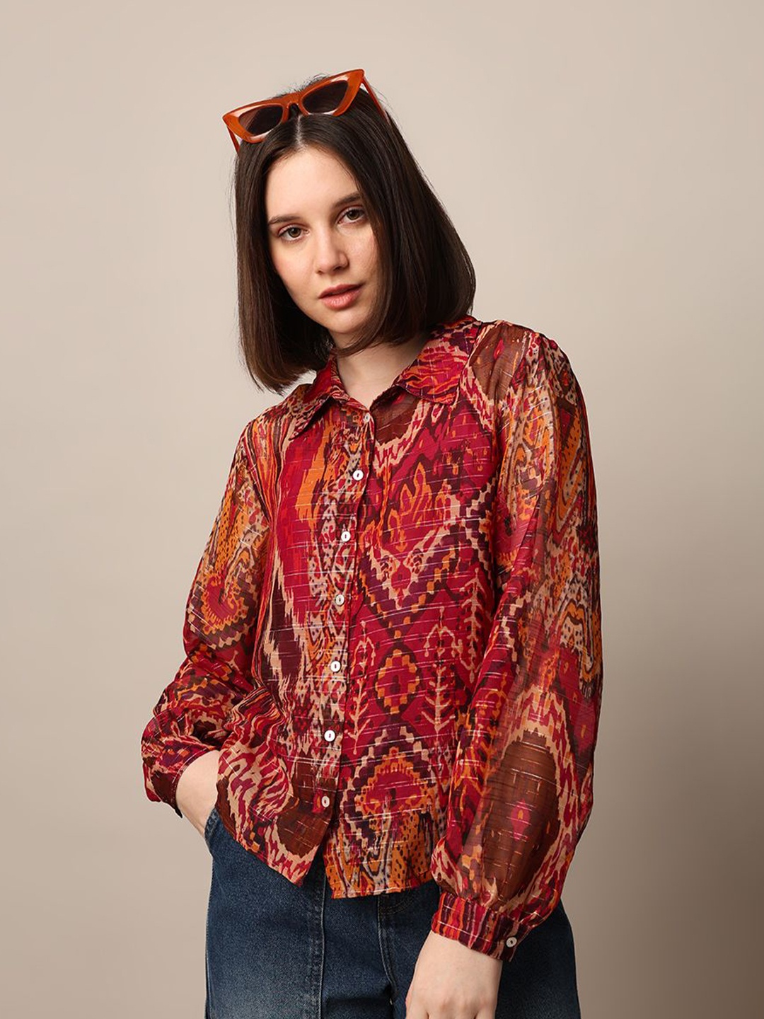 

ONLY Women Spread Collar Abstract Printed Casual Shirt, Maroon