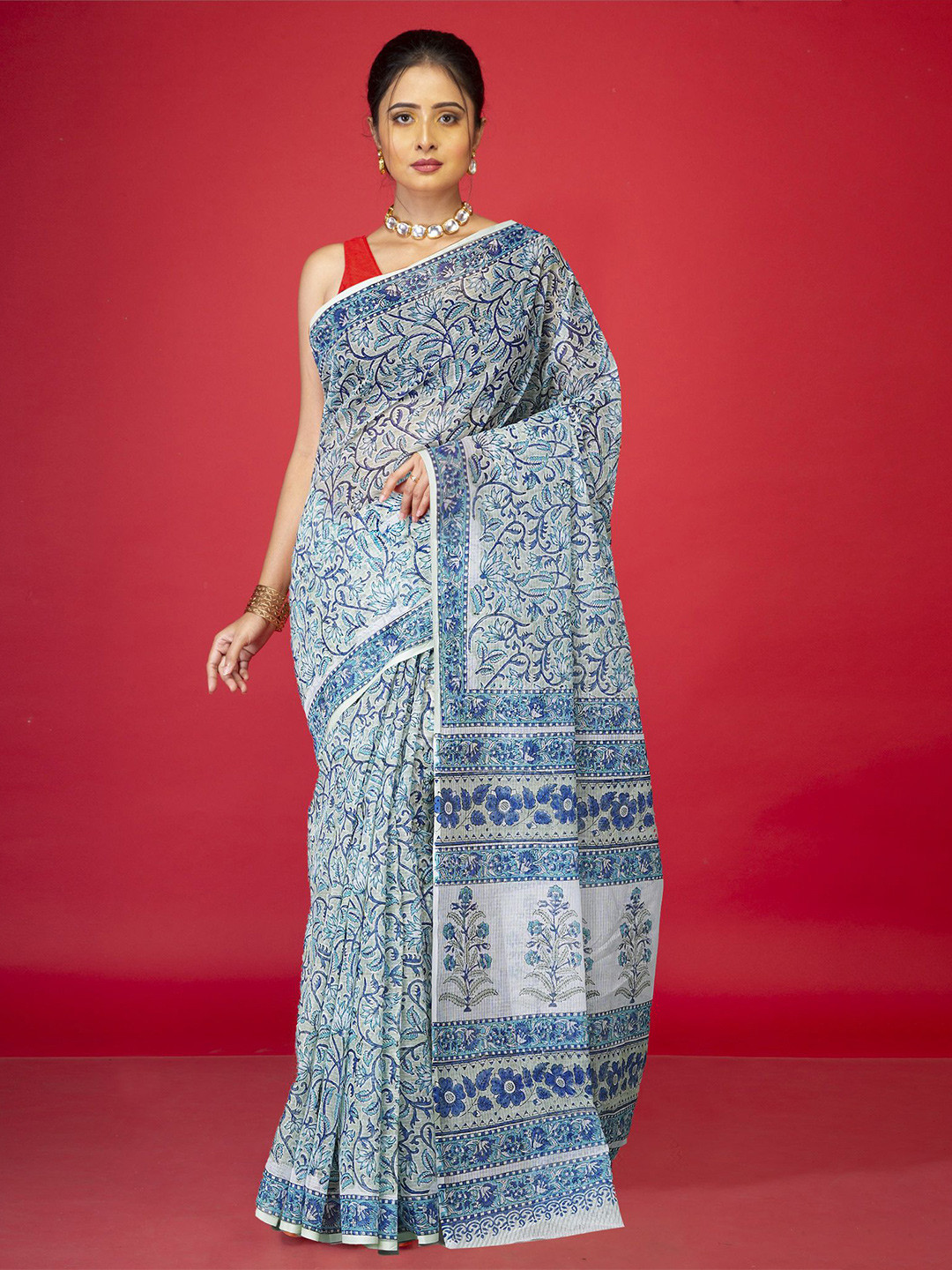 

Unnati Silks Floral Silk Cotton Handloom Kota Saree, Blue