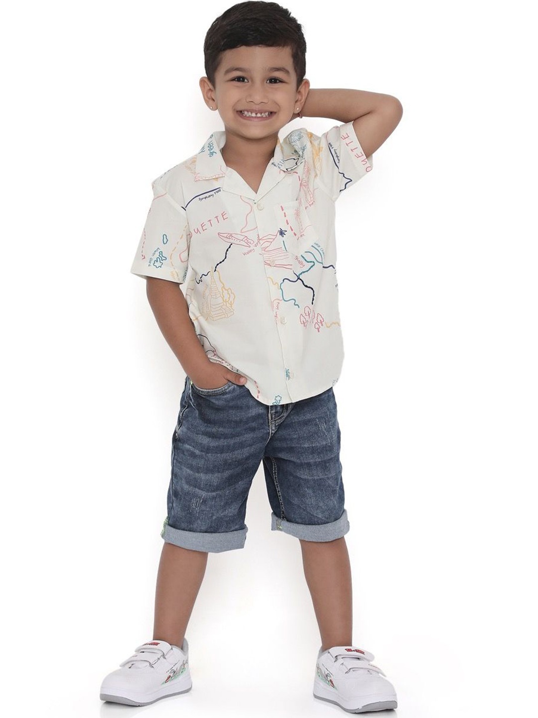 

Miko Lolo Boys Classic Graphic Printed Cuban Collar Casual Shirt, Off white