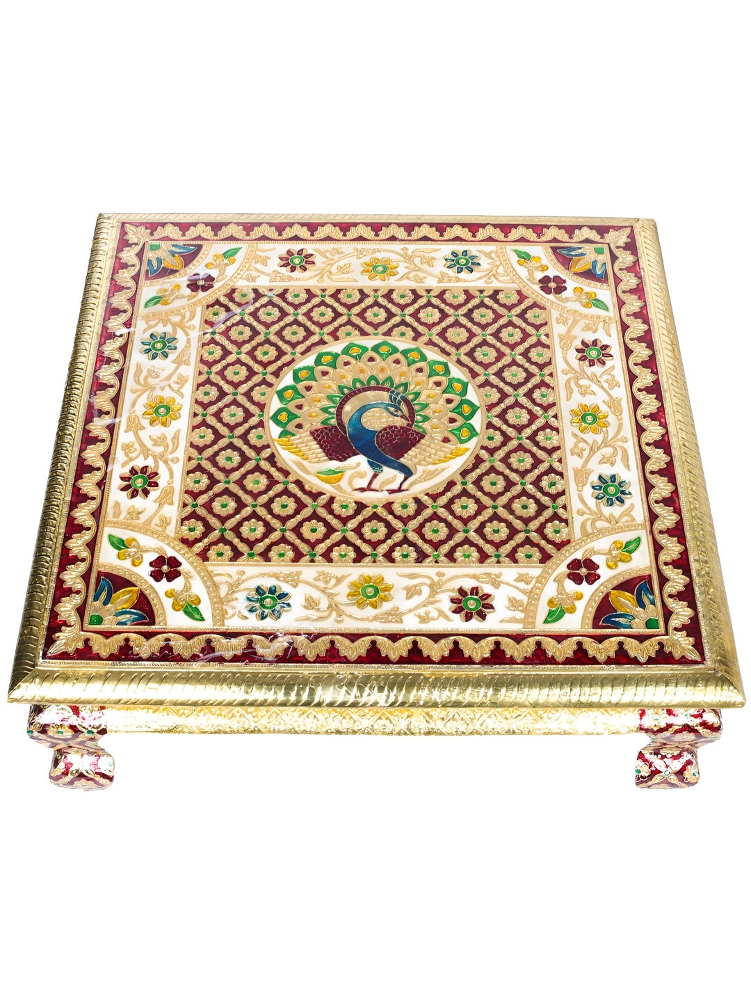 

Exotic India Brass Peacock Ritual Puja Chowki, Gold