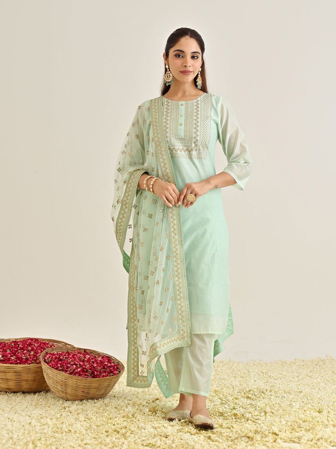 

Rustorange Floral Yoke Design Regular Thread Work Kurta with Trousers & Dupatta, Green