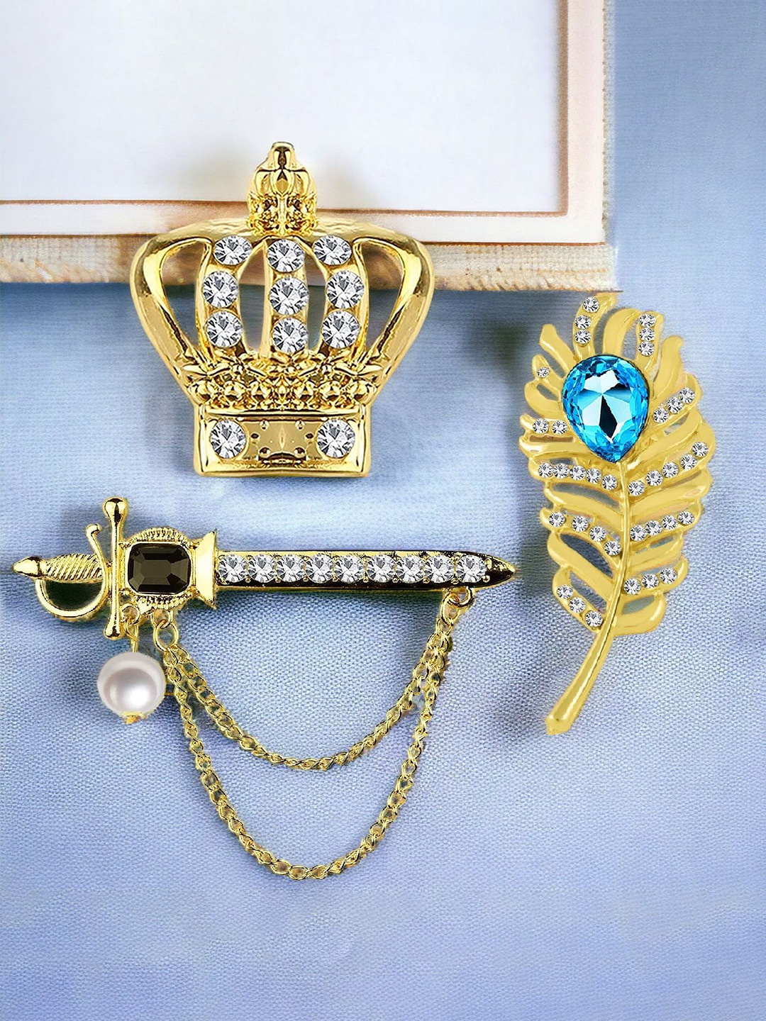 

Okos Men Set of 3 Gold Plated Stones Studded Indo Western Brooch