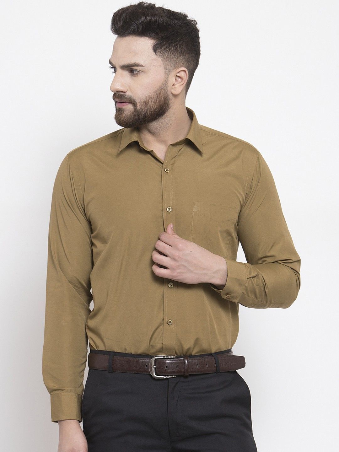 

English Navy Men New Solid Wrinkle Free Slim Fit Formal Shirt, Khaki