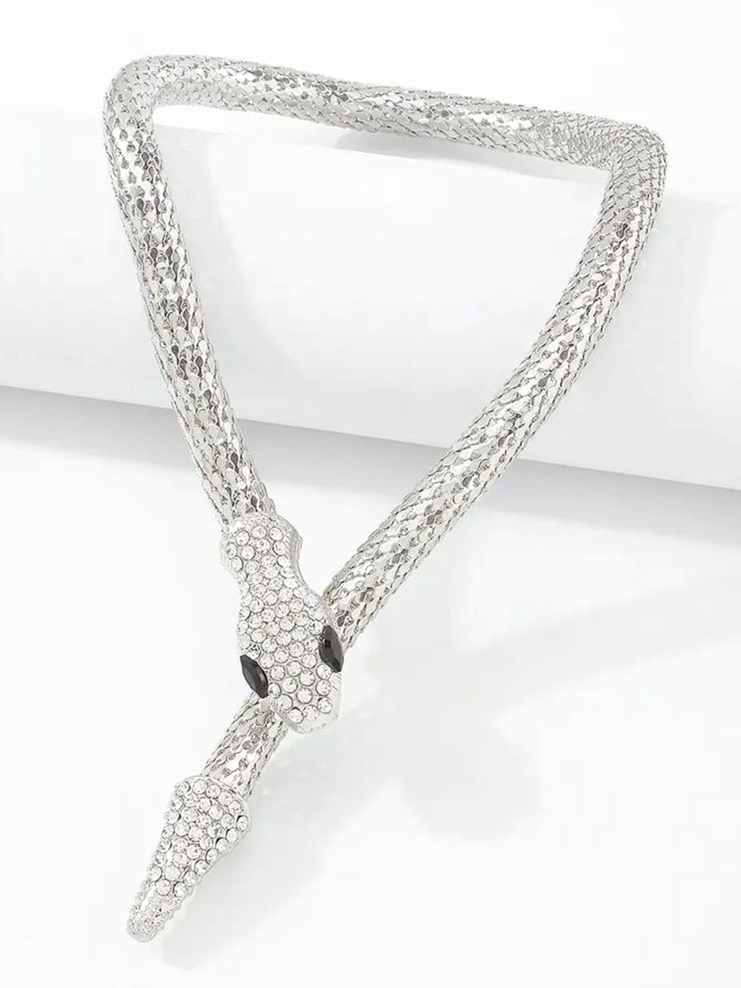 

VAGHBHATT Cubic Zirconia & Rhinestone Studded Snake-Design Choker Necklace, Silver