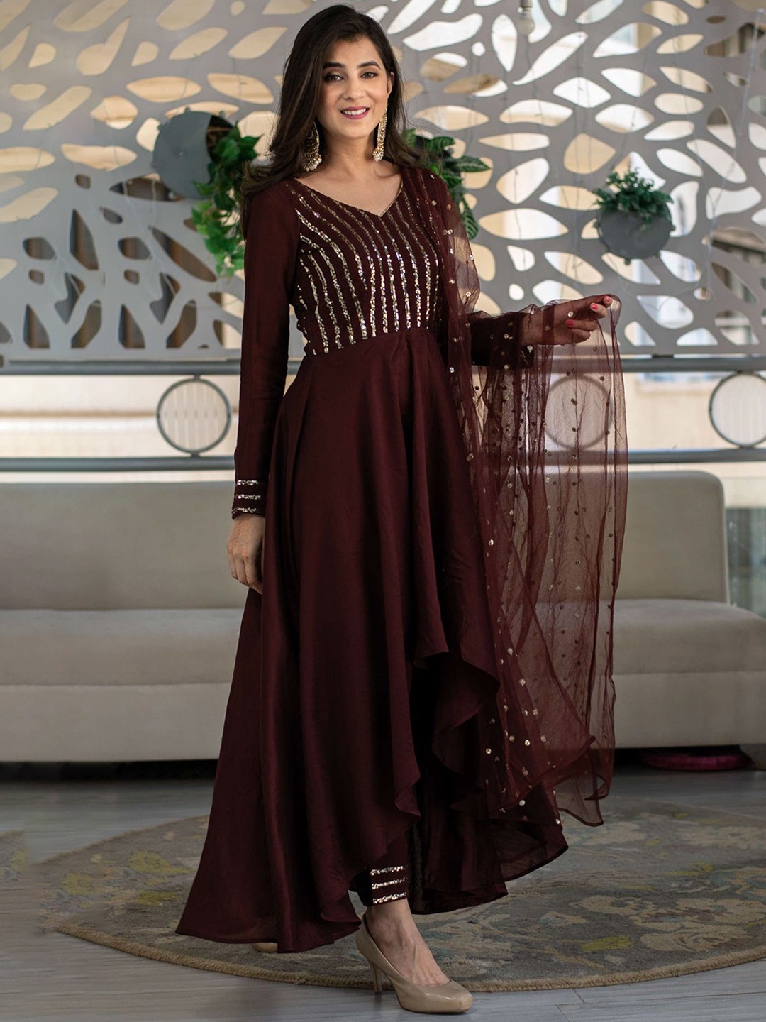 

KALINI Embroidered Silk Crepe Sequinned Semi Stitched Dress Material, Brown