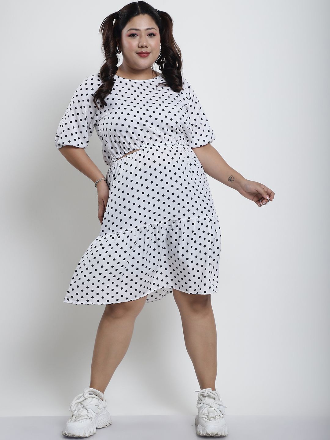 

thkgrlz Plus Size Polka Dot Printed Fit & Flare Dress, White