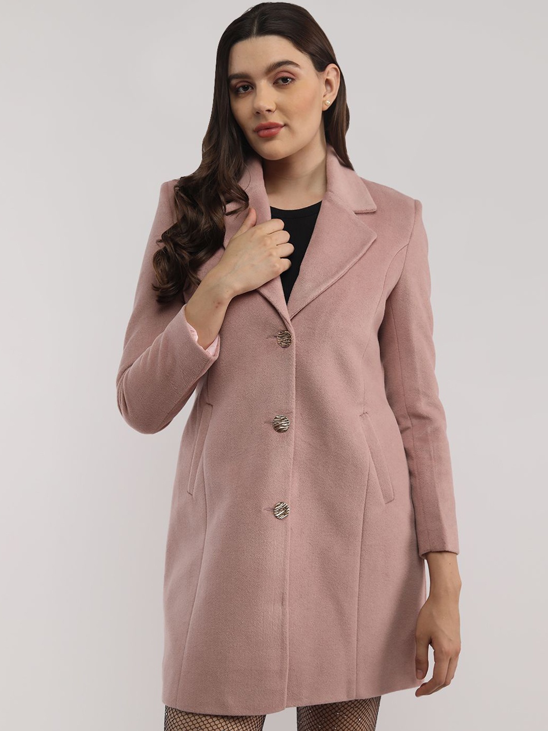 

PROTEX Solid Single Breasted Spread Collar Overcoat, Peach