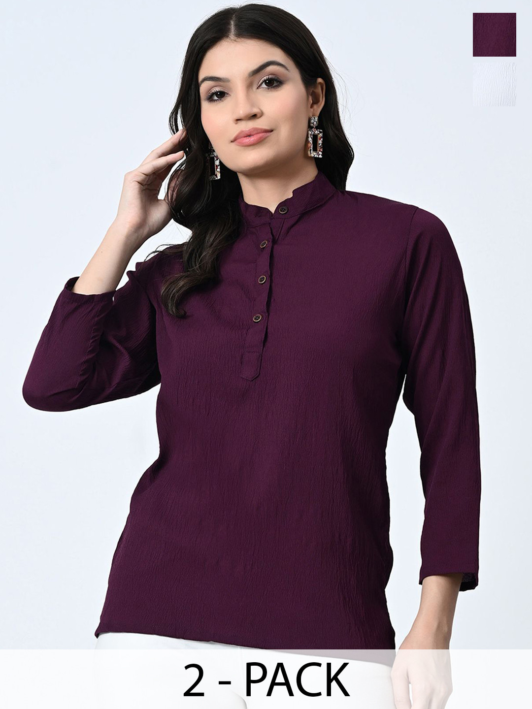 

BAESD Pack Of 2 Self Design Mandarin Collar Crepe Tops, Burgundy