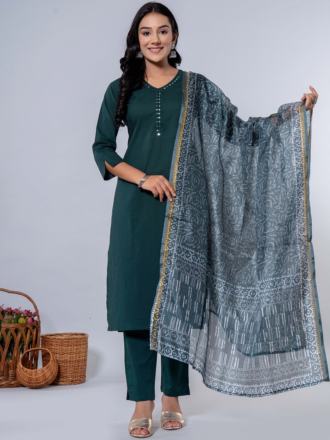 

ADAA JAIPUR V-Neck Regular Mirror Work Pure Cotton Straight Kurta With Trousers & Dupatta, Green