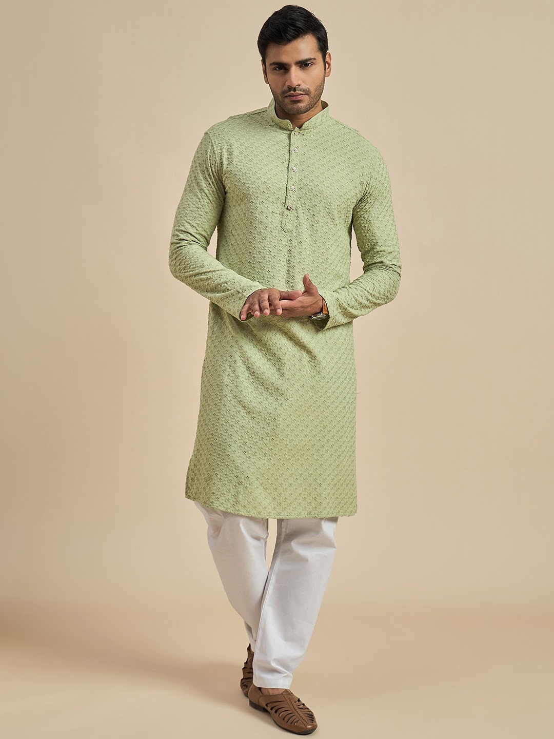 

Anouk Olive Green Geometric Embroidered Mandarin Collar Straight Kurta