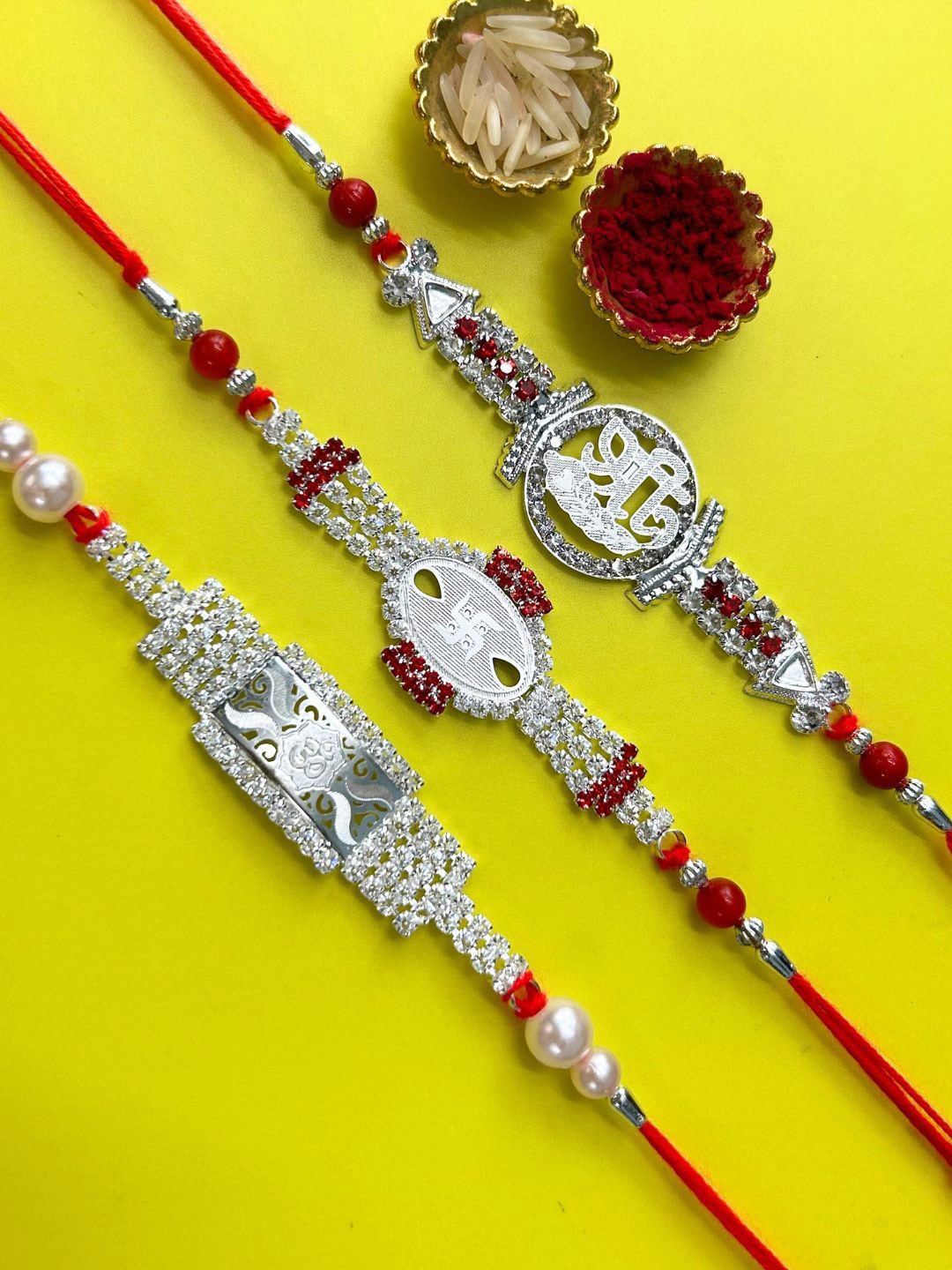 

LAIDA Set Of 3 Shree Swastik & Om AD Studded Beaded Thread Rakhis With Roli Chawal, Silver