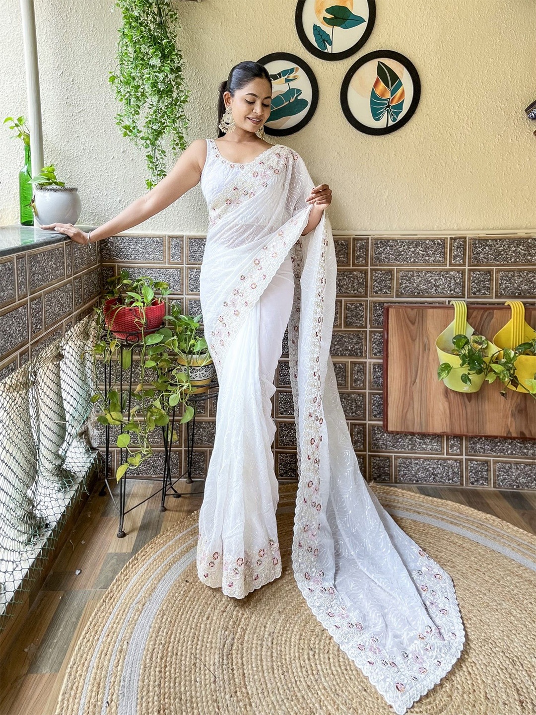 

LeeliPeeri Designer Embellished Embroidered Poly Georgette Heavy Work White Saree
