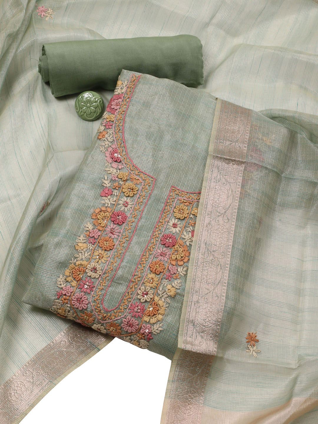 

Meena Bazaar Embroidered Art Silk Unstitched Dress Material, Green