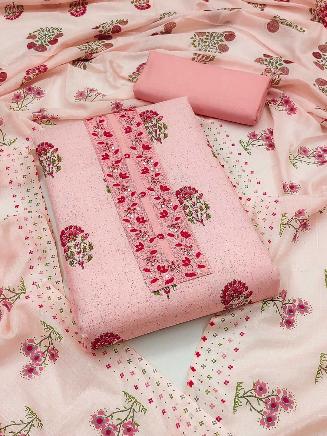 

Peachmode Sequinned Floral Printed Pure Cotton Unstitched Dress Material, Pink