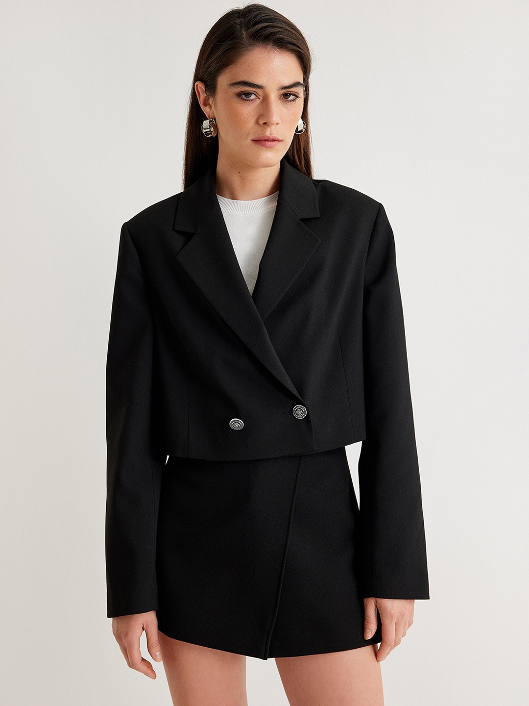 

Koton Women Solid Lapel Collar Open Front Jacket, Black
