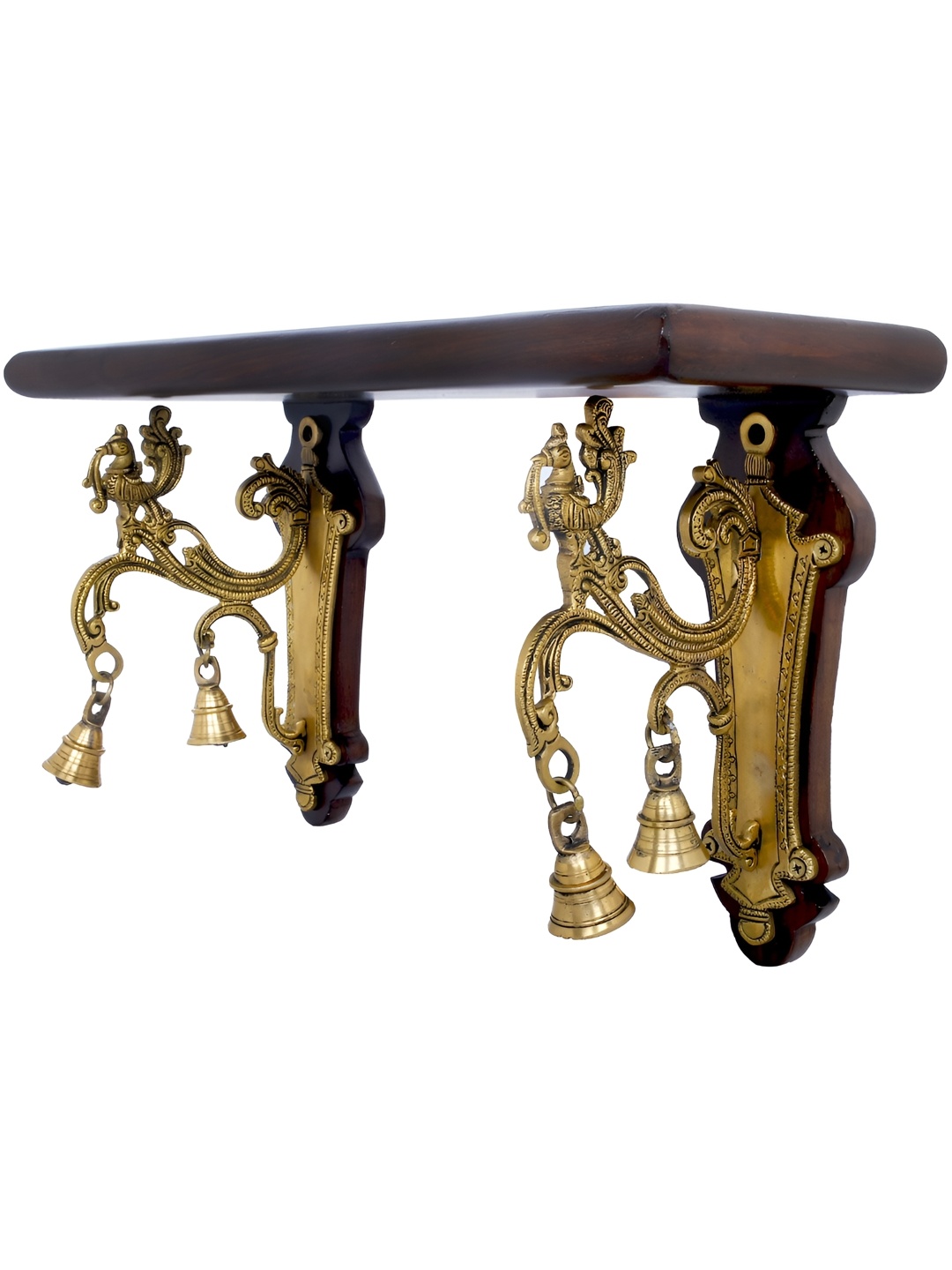 

Exotic India Brass and Wood Peacock Shelf Altar with Bells Statue, Gold