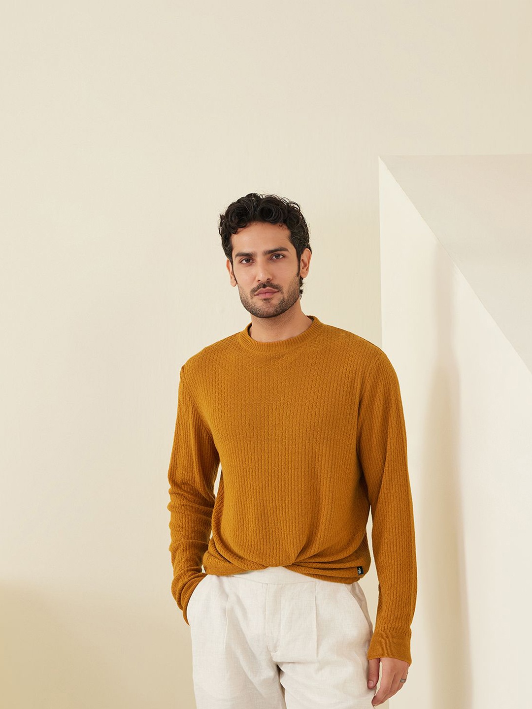 

Andamen Casual Men Cable Knit Round Neck Linen Pullover, Mustard