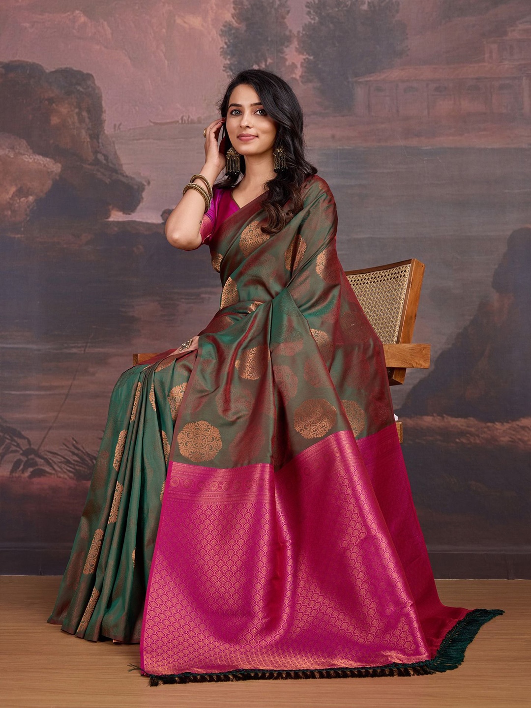 

House of Pataudi Woven Design Banarasi Zari Sarees, Green