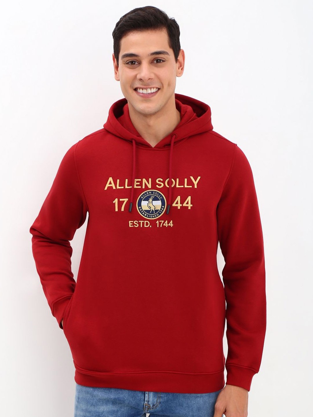 

Allen Solly Men Typography Embroidered Cotton Hooded Sweatshirt, Maroon