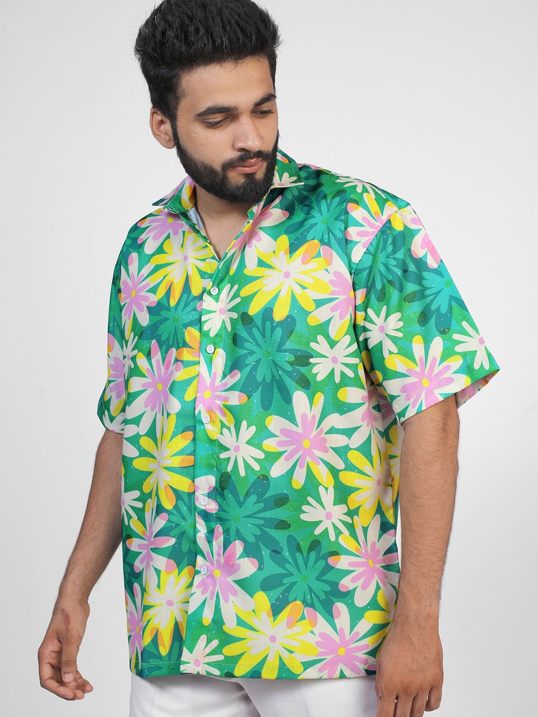 

BROWN BROTHERS Unisex Spread Collar Floral Printed Cotton Oversized Casual Shirt, Green