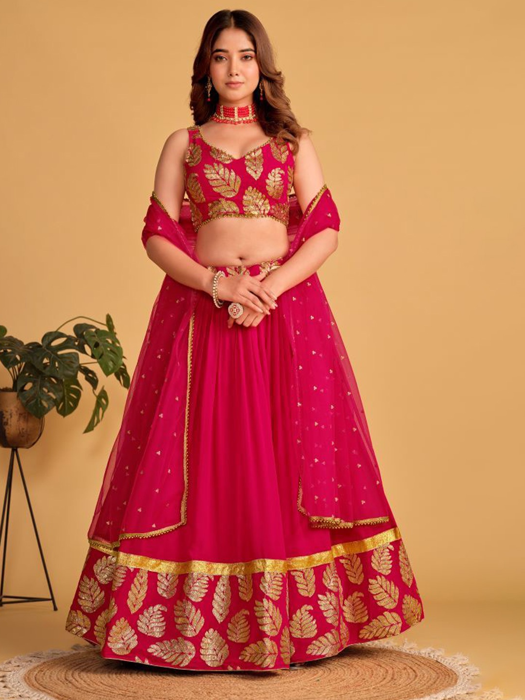 

Ethnic Yard Embroidered V-Neck Semi-Stitched Lehenga & Blouse With Dupatta, Pink