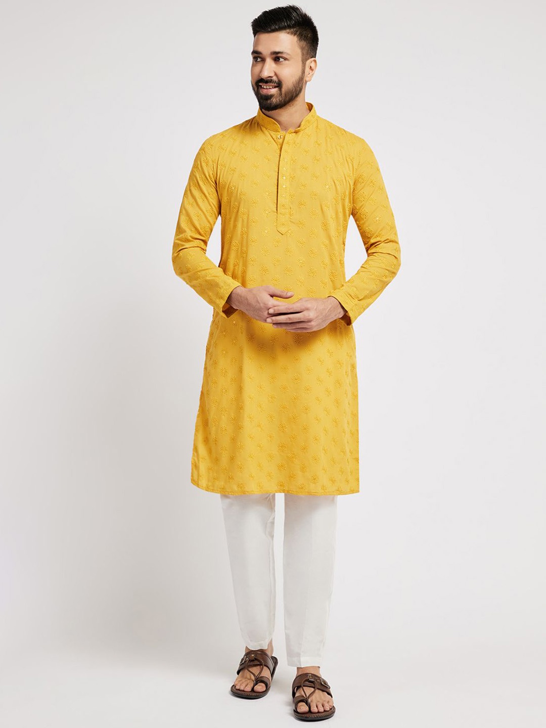 

Ethnic India Floral Embroidered Chikankari Mandarin Collar Cotton Straight Kurta, Yellow