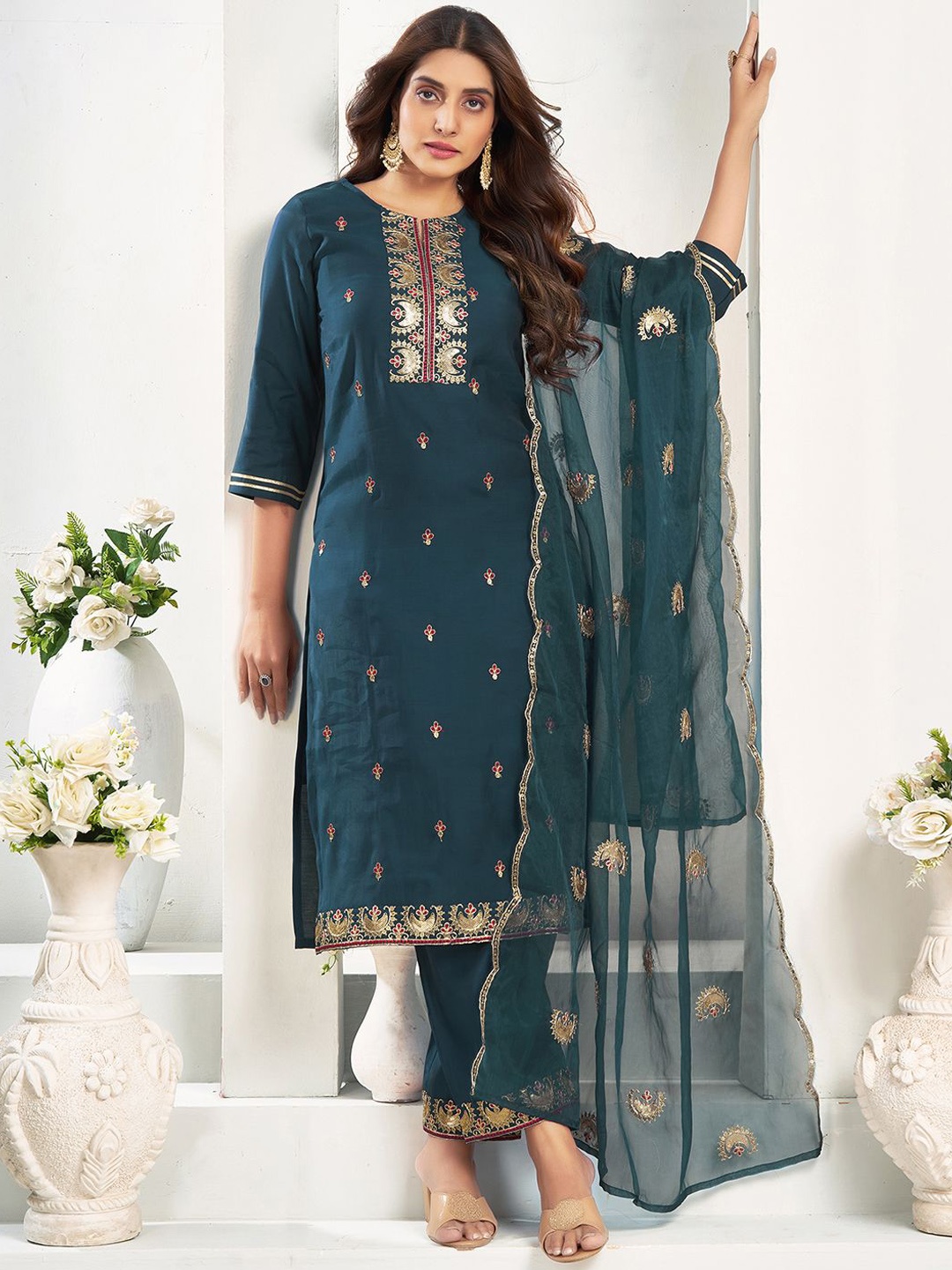 

KALINI Ethnic Motifs Embroidered Sequinned Kurta with Trousers & Dupatta, Blue