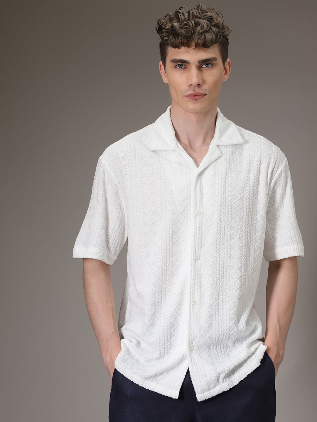 

Banana Club Men Half Sleeves Cuban Collar Knitted Shirt, White