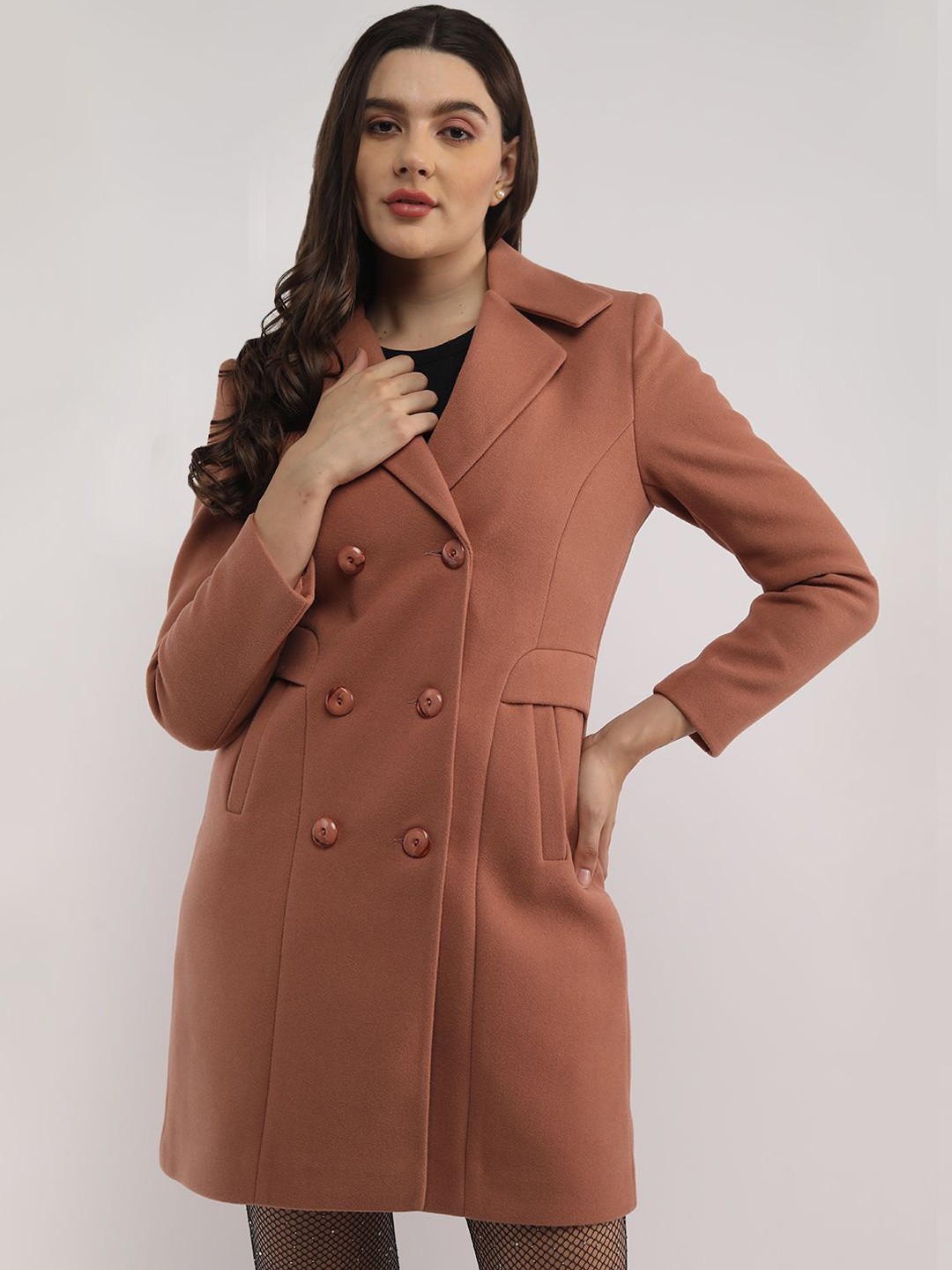 

PROTEX Women Solid Double Breasted Pea Coats, Peach