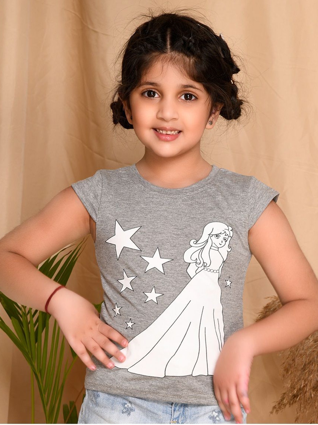 

Kids Cave Girls Graphic Printed Round Neck Cotton T-Shirt, Grey