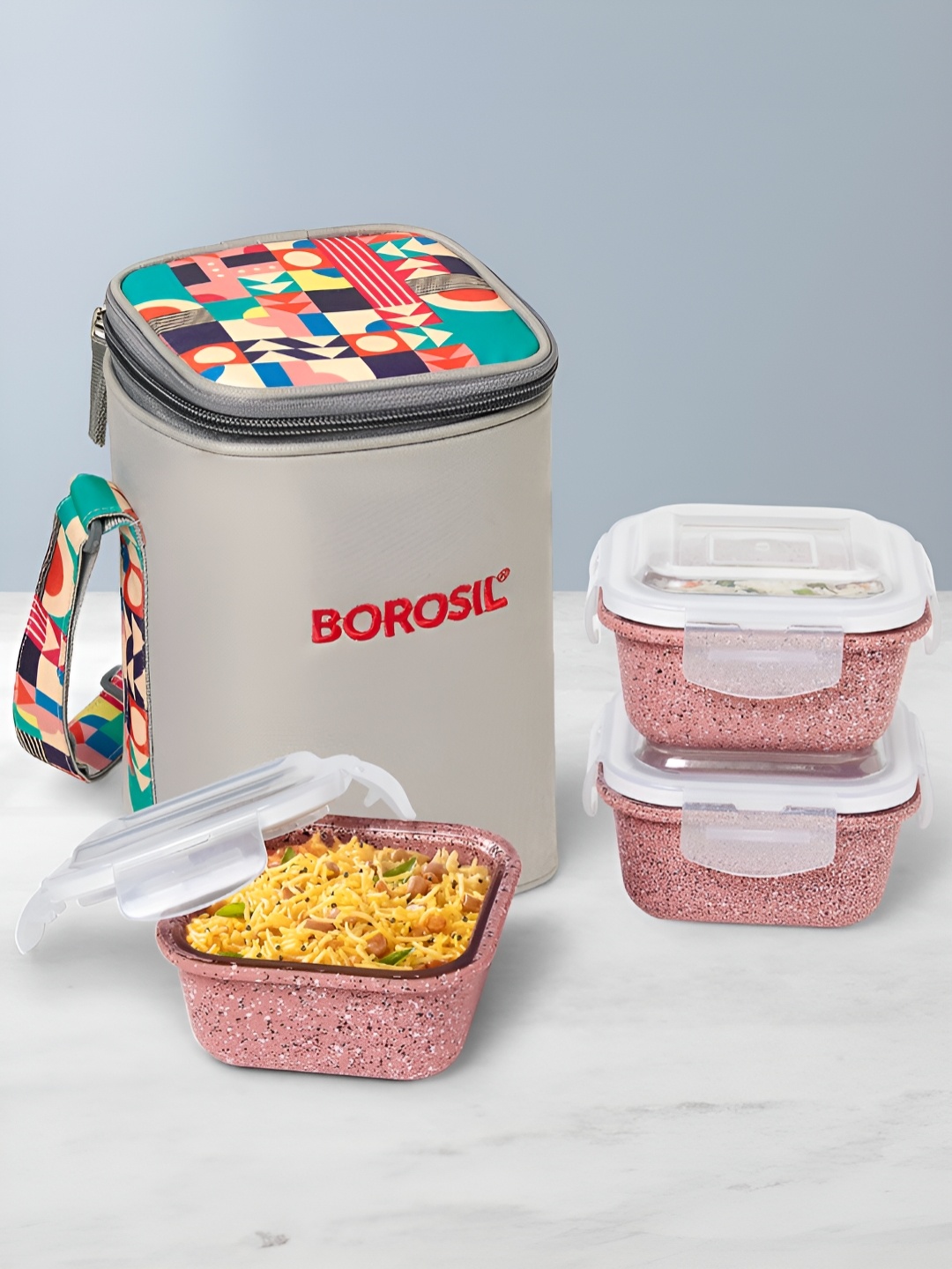 

BOROSIL Kube Pink & White 3 Pieces Lunch Boxes With Bag