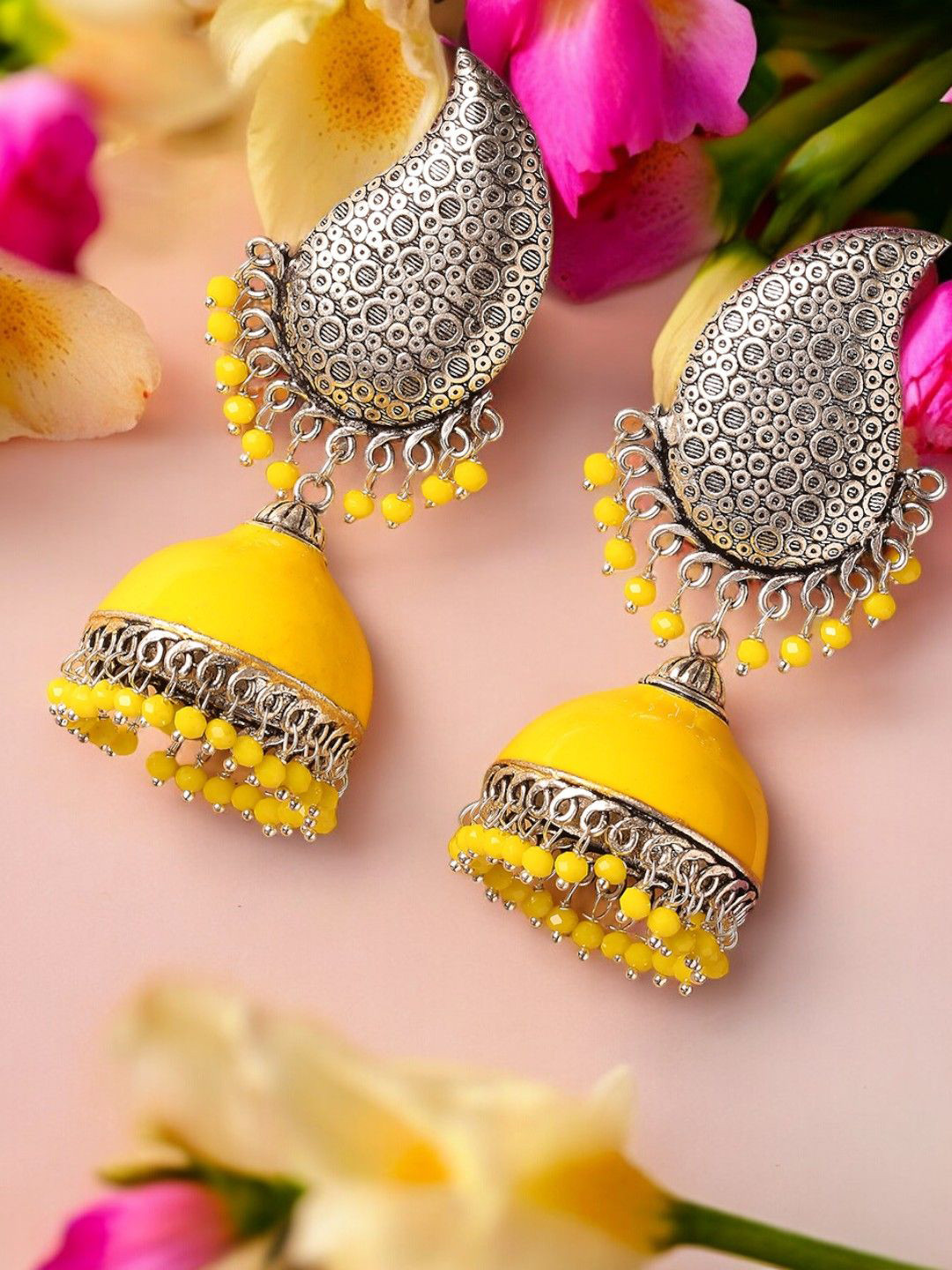 

Sangria Beaded Meenakari Oxidized Jhumkas, Silver