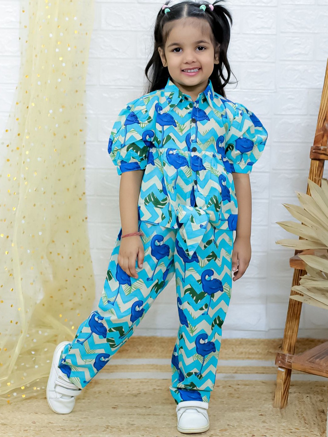 

UNBIND Girls Abstract Printed Spread Collar Pure Cotton Shirt With Trousers, Blue