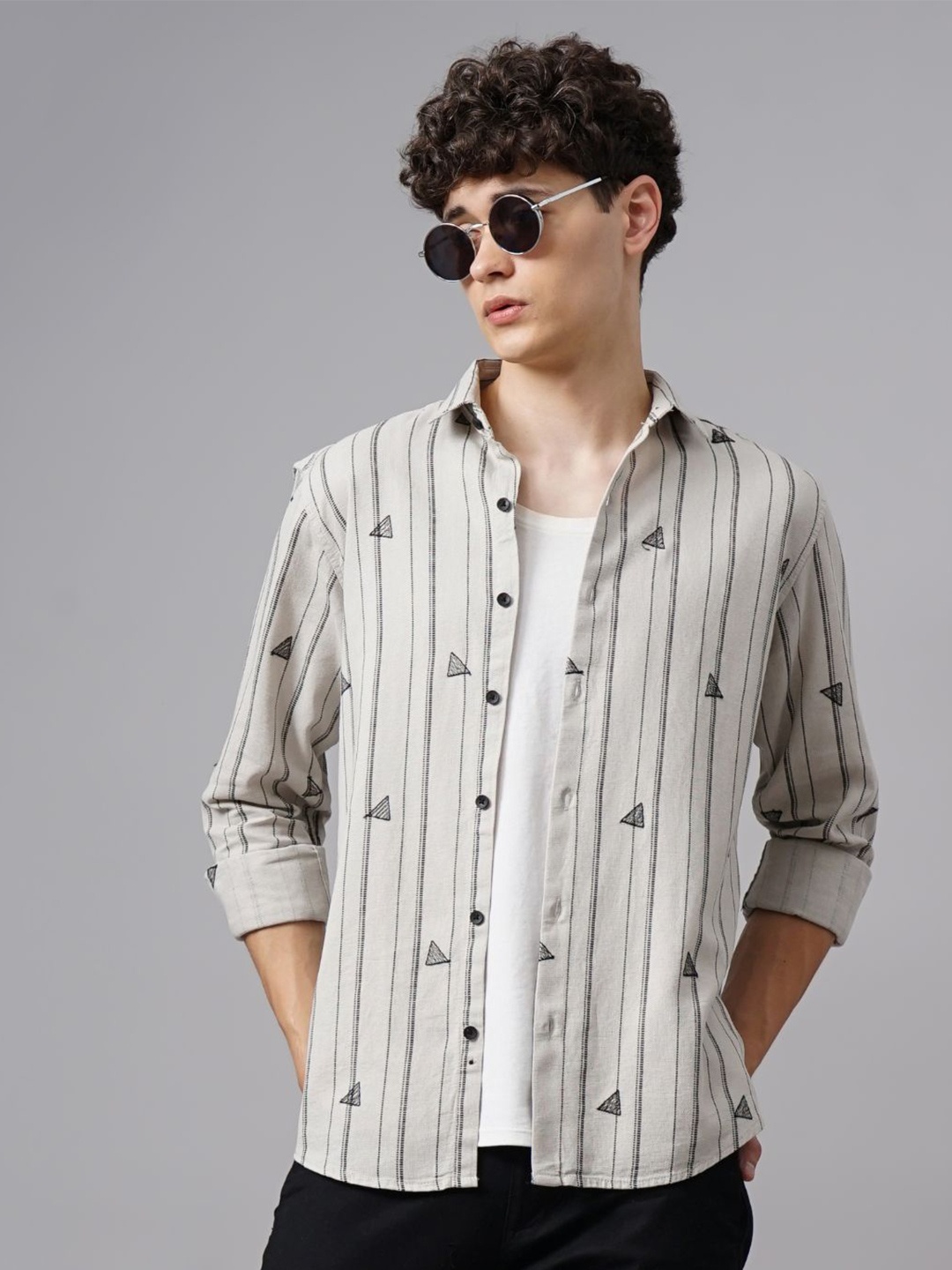 

PAUL STREET Men Standard Vertical Striped Cotton Slim Fit Casual Shirt, Grey