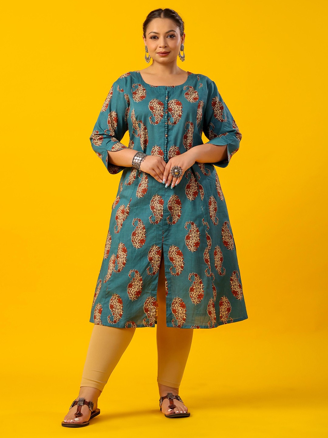 

LALI JAIPUR Women Plus Size Floral Printed Round Neck Cotton Kurta, Sea green