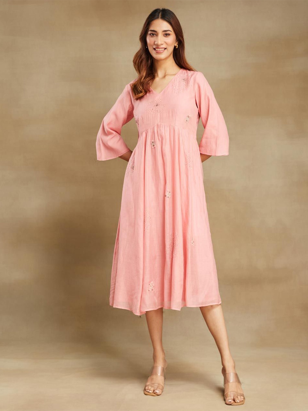 

Fabindia Women Flared Sleeves A-Line Midi Dress, Pink