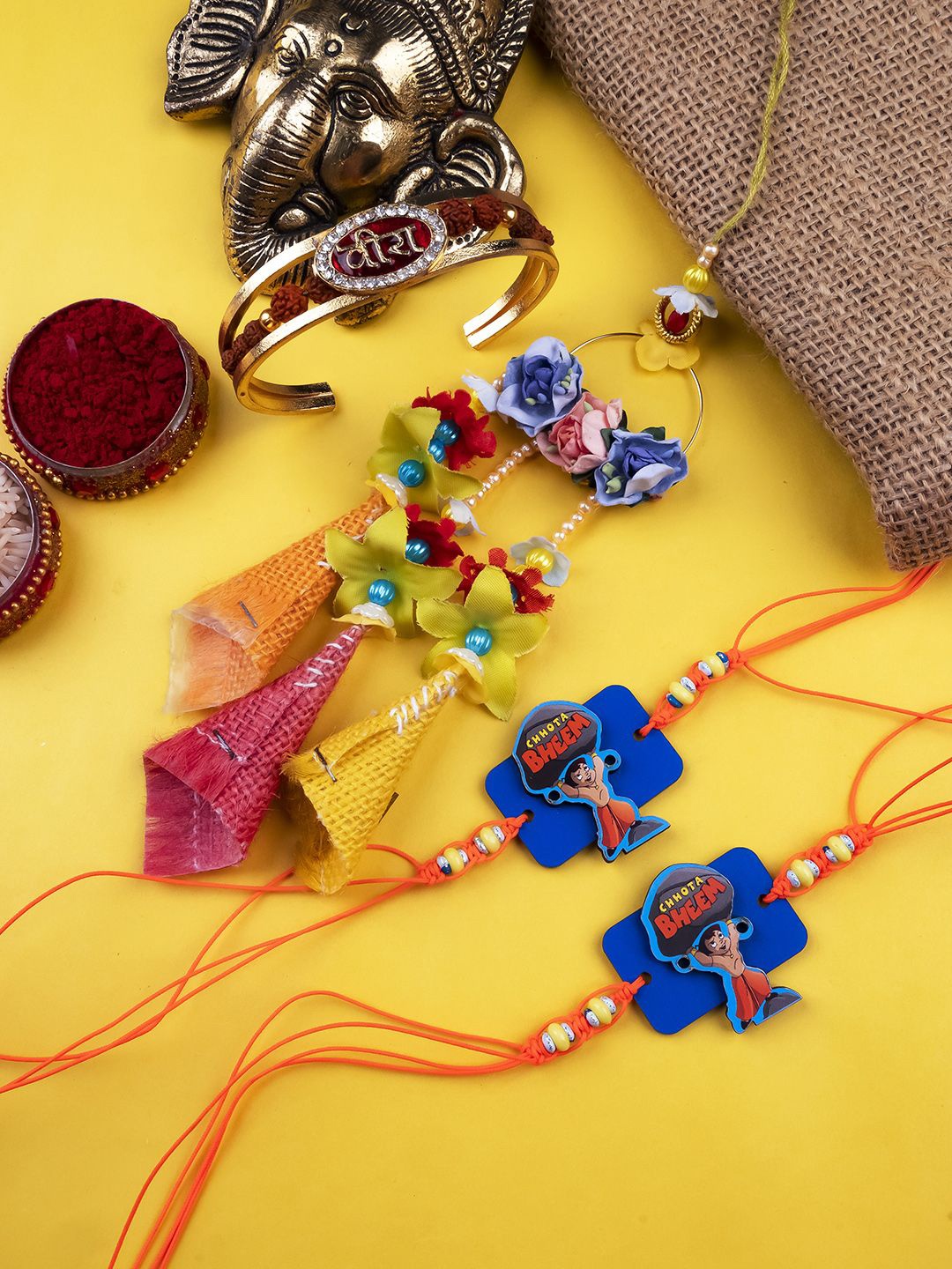

StileAdda Set Of 4 Beaded Rakhis With Roli Chawal, Gold