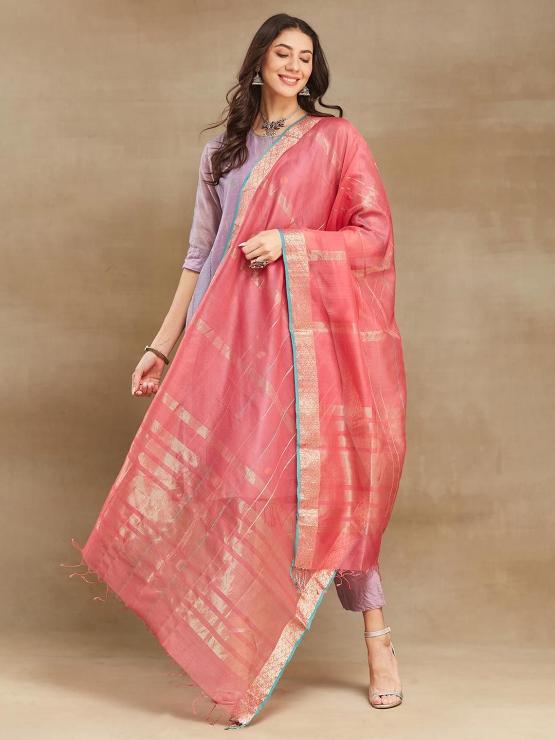 

Fabindia Woven Design Cotton Silk Dupatta with Zari, Pink