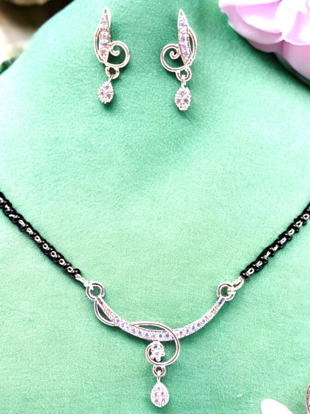

Manikya Rhodium Plated American Diamond Stone Studded & Beaded Mangalsutra, Silver