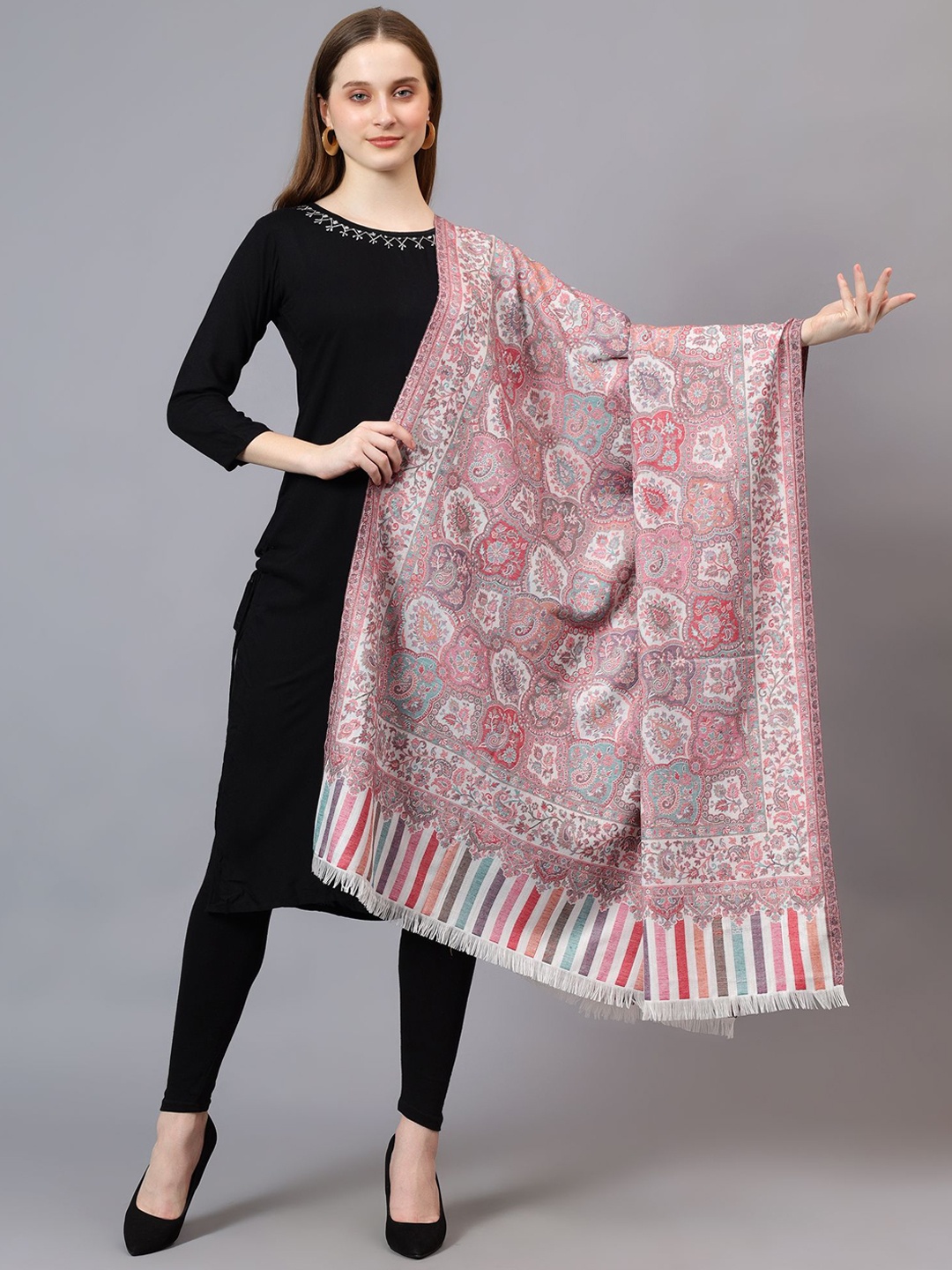 

Mizash Ethnic Motifs Woven Design Woollen Shawl, White