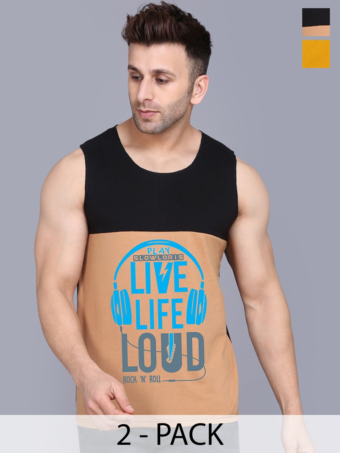 

SLOWLORIS Pack Of 2 Printed Gym Innerwear Vests SL26 COMBO (LOUD BLKRST) (NVR MUSTARD), Black