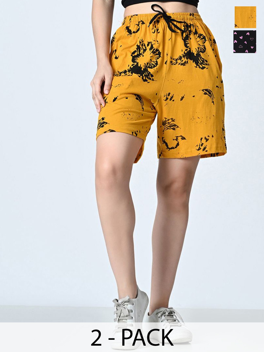 

BAESD Women Pack of 2 Printed Pure Cotton High-Rise Regular fit Shorts, Yellow