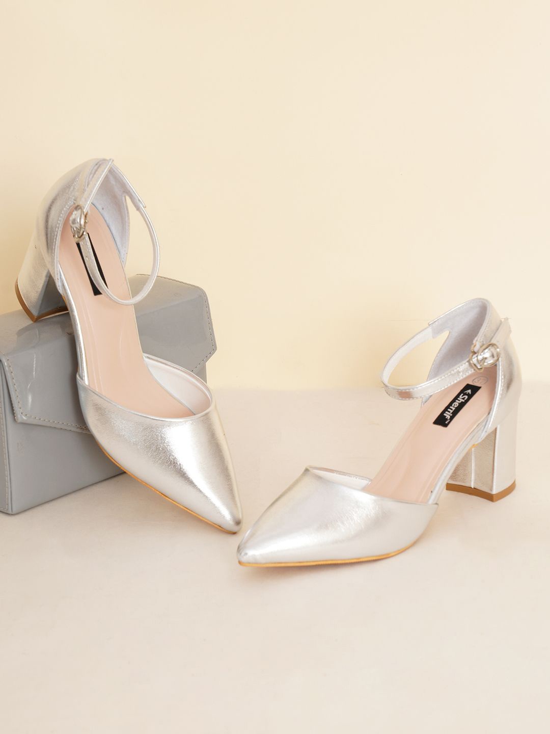 

Sherrif Shoes Women Pointed Toe Block Pumps With Buckles, Silver