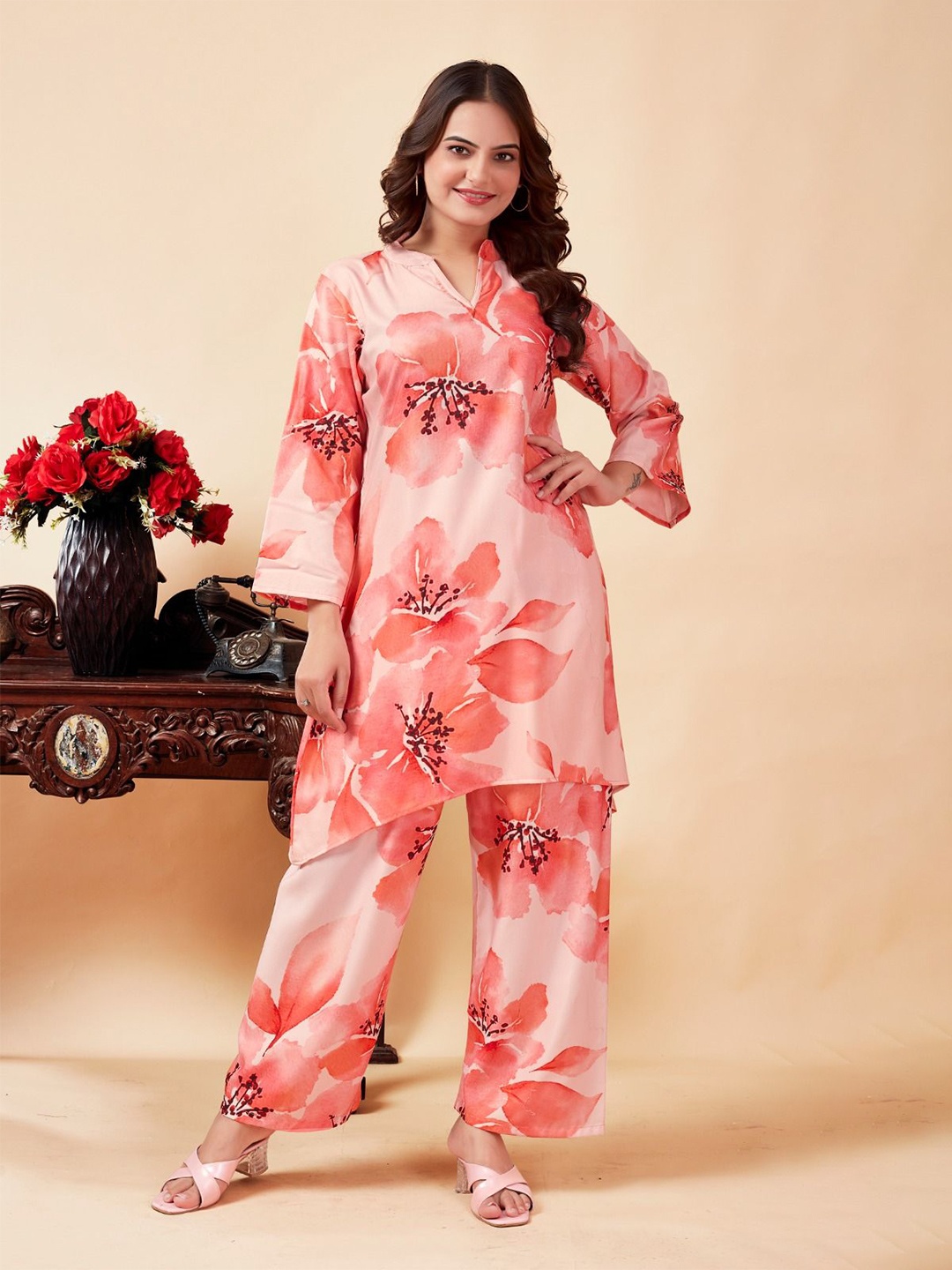 

ANAMSA Printed Tunic With Trousers, Peach